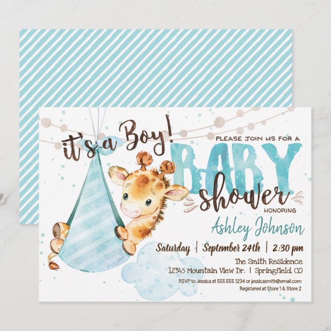 Invitación a Baby Shower de Boy Giraffe (Anverso / Reverso)