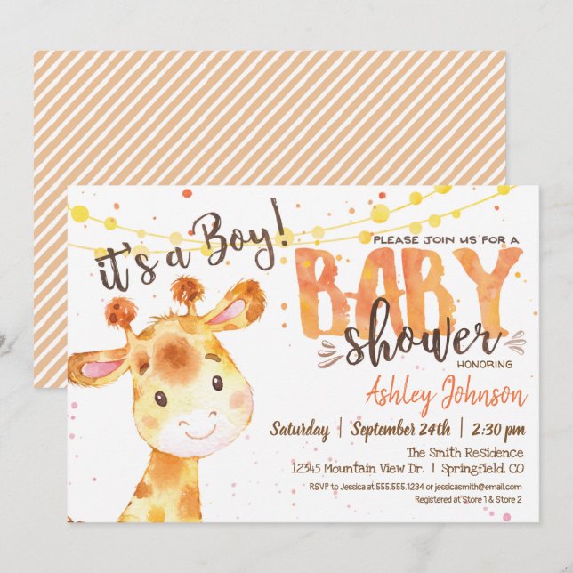 Invitación a Baby Shower de Boy Giraffe (Anverso / Reverso)