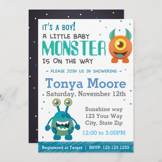 Invitación a Baby Shower de Boy Monster (Anverso / Reverso)