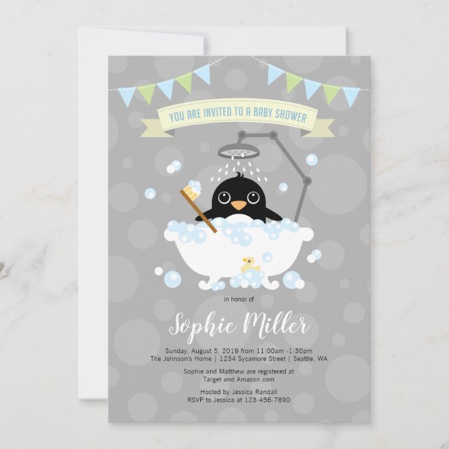 Invitación a Baby Shower de Boy Penguin (Anverso)