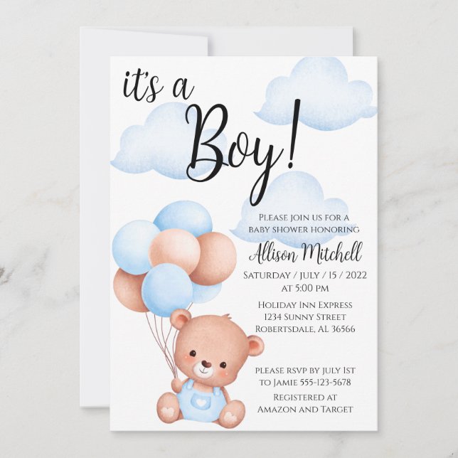 Invitación a Baby Shower de Boy Teddy Bear (Anverso)