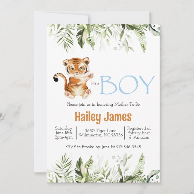Invitación a Baby Shower de Boy Tiger (Anverso)