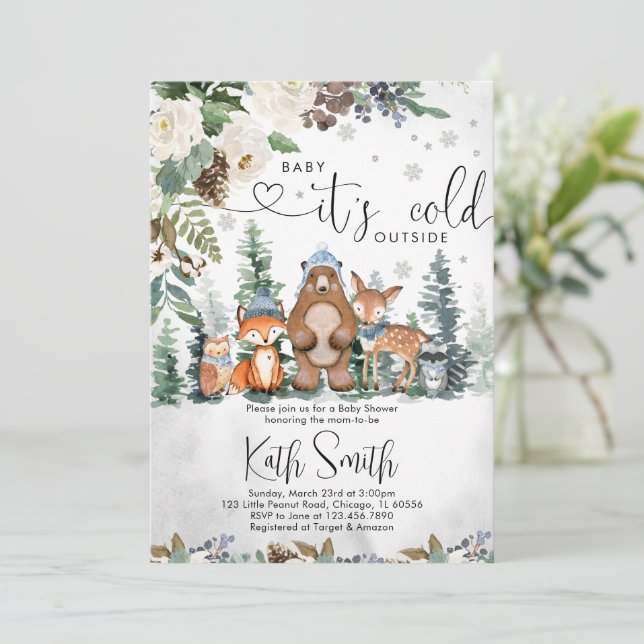 Invitación a Baby Shower de Boy Winter Woodland (Anverso de pie)