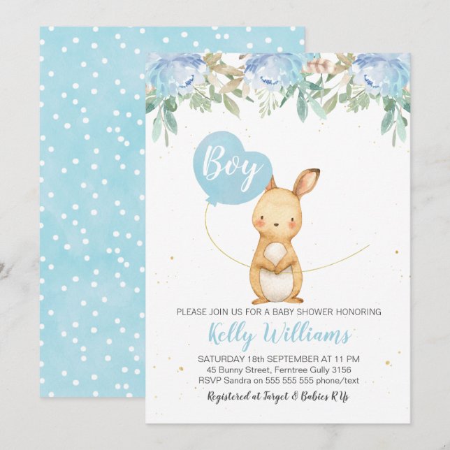 Invitación a Baby Shower de Boys Bunny (Anverso / Reverso)