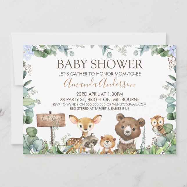 Invitación a Baby Shower de Boys Woodland Animals (Anverso)