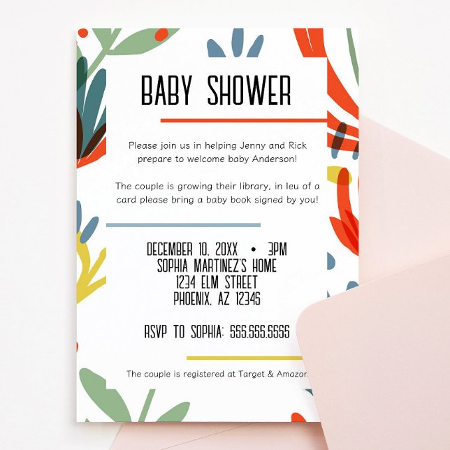 Invitación a Baby Shower de Bright Botanicals (bright and colorful botanical floral baby shower invitation green, yellow, blue, red flowers)