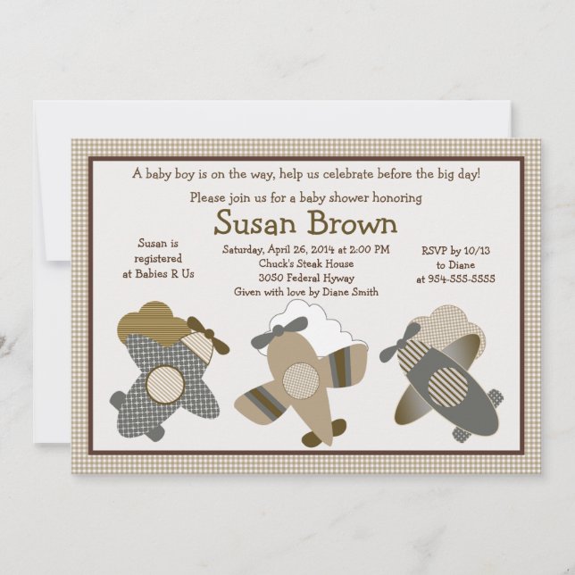 Invitación a Baby Shower de Brown Gingham Airplane (Anverso)