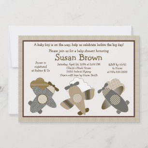 Invitación a Baby Shower de Brown Gingham Airplane