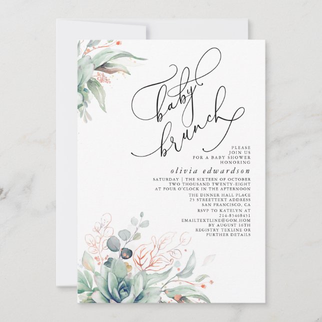 Invitación a Baby Shower de Brunch de Verdor Sucul (Anverso)