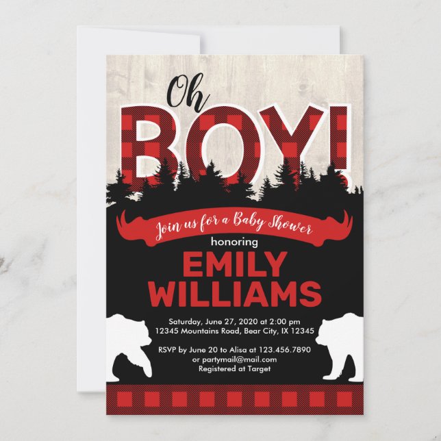 Invitación a Baby Shower de Buffalo Plaid Bear Boy (Anverso)