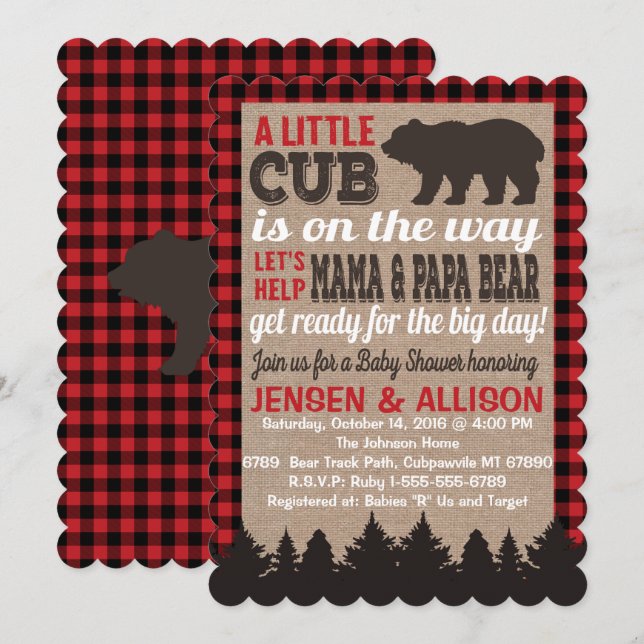 Invitación a Baby Shower de Buffalo Plaid Cub (Anverso / Reverso)
