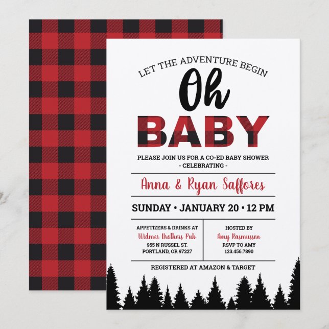 Invitación a Baby Shower de Buffalo Plaid - Oh Bab (Anverso / Reverso)