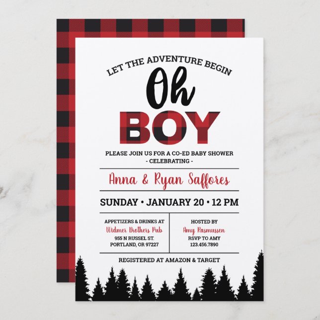 Invitación a Baby Shower de Buffalo Plaid - Oh Boy (Anverso / Reverso)