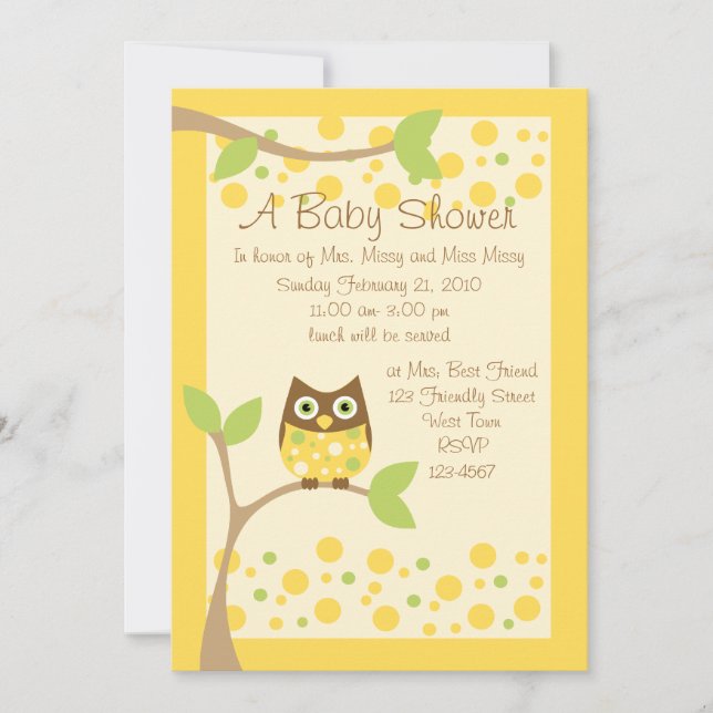 Invitación a Baby Shower de búho amarillo (Anverso)