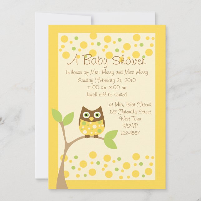 Invitación a Baby Shower de búho amarillo (Anverso)