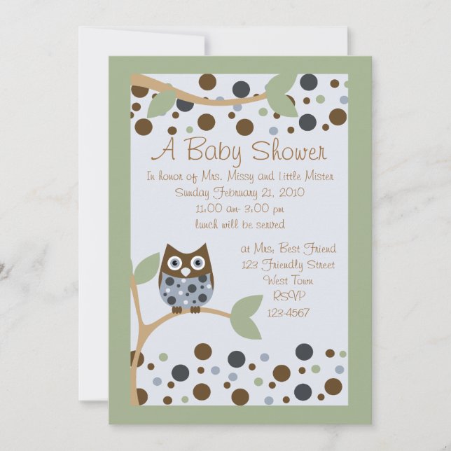 Invitación a Baby Shower de búho azul (Anverso)