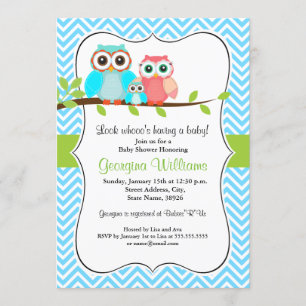 Invitación a Baby Shower de búho/azul