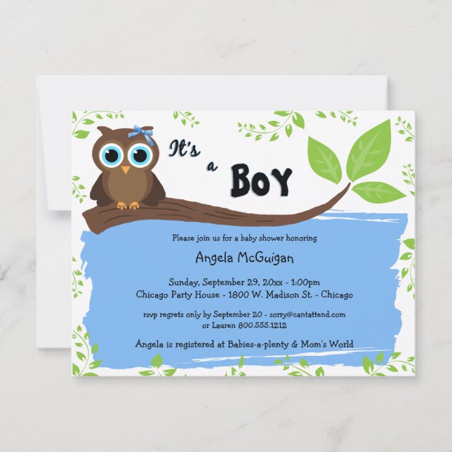 Invitación a Baby Shower de búho azul caprichoso (Anverso)