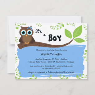 Invitación a Baby Shower de búho azul caprichoso