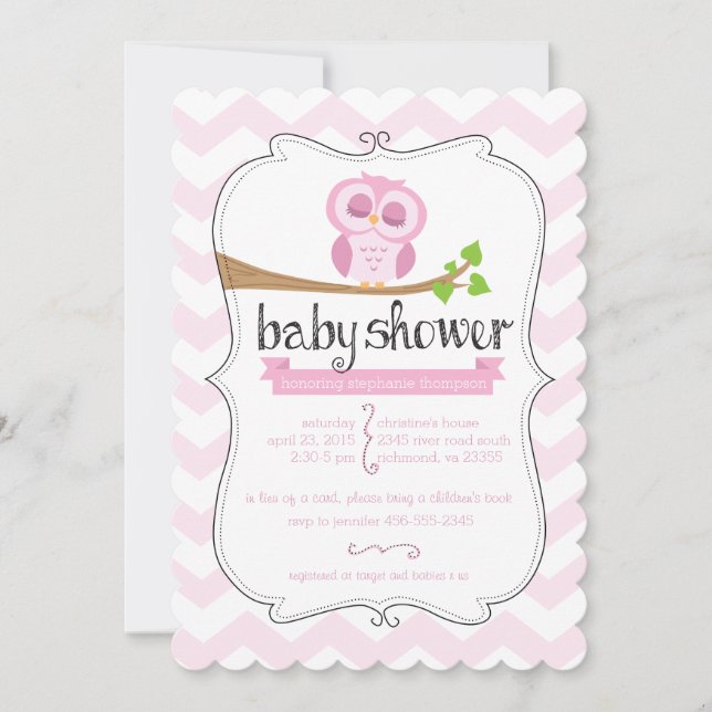 Invitación a Baby Shower de búho chevron rosado (Anverso)