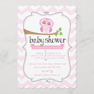 Invitación a Baby Shower de búho chevron rosado