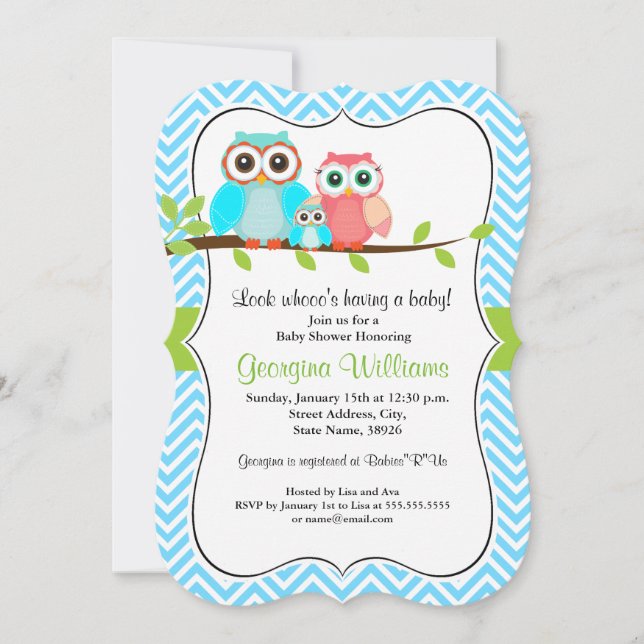 Invitación a Baby Shower de búho dulce / verde azu (Anverso)