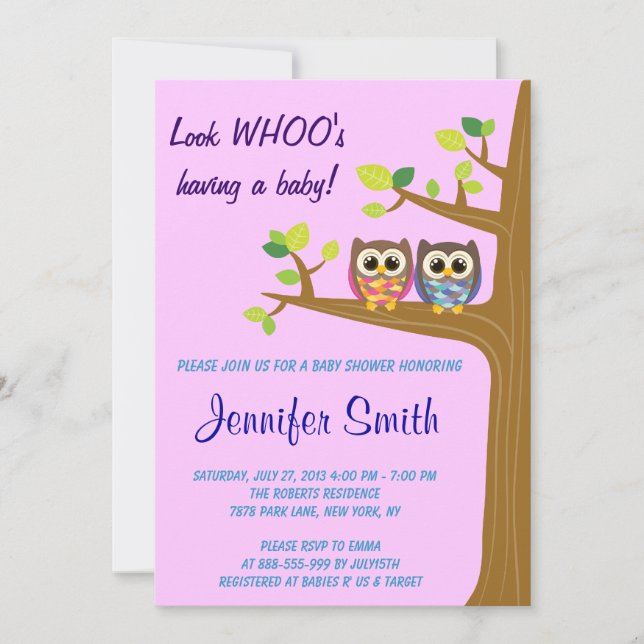 Invitación a Baby Shower de búho mate (Anverso)