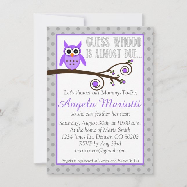Invitación a Baby Shower de búho morado (Anverso)