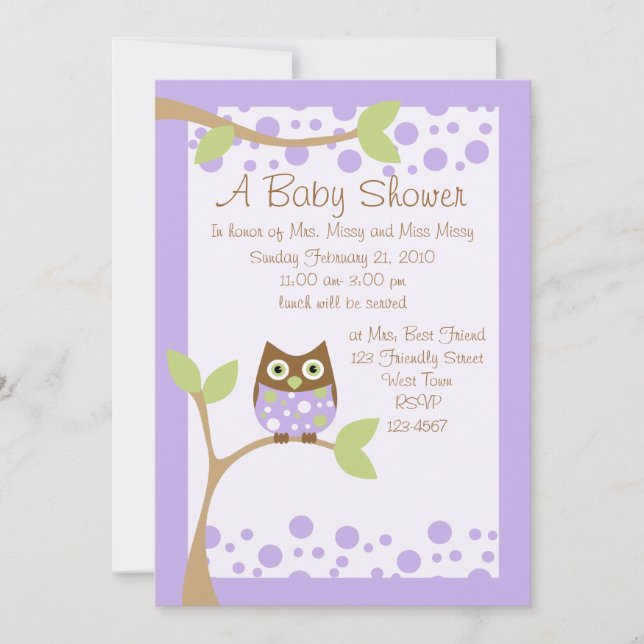 Invitación a Baby Shower de búho morado (Anverso)