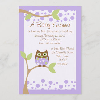 Invitación a Baby Shower de búho morado