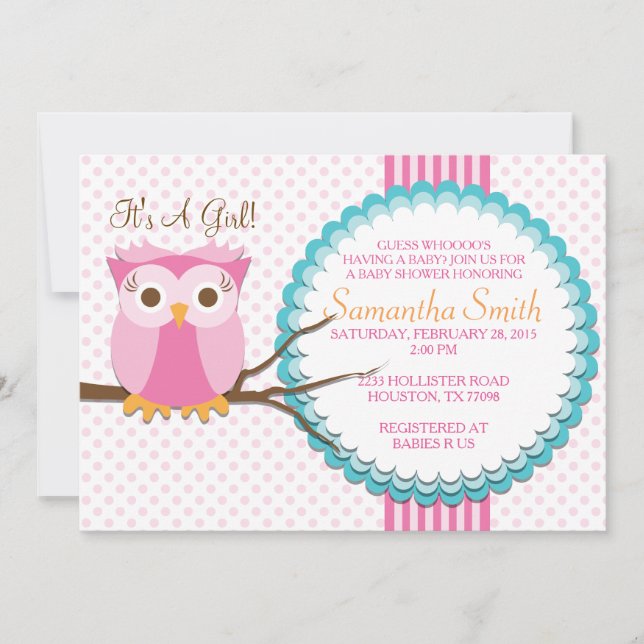 Invitación a Baby Shower de búho rosado (Anverso)