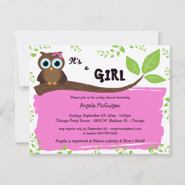 Invitación a Baby Shower de búho rosado (Anverso)
