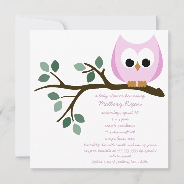 Invitación a Baby Shower de búho rosado (Anverso)
