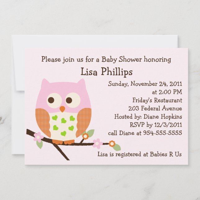 Invitación a Baby Shower de búho rosado (Anverso)