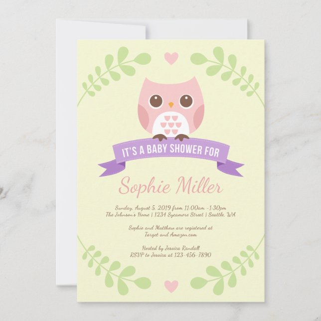 Invitación a Baby Shower de búho rosado (Anverso)