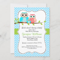 Invitación a Baby Shower de búho/verde azul