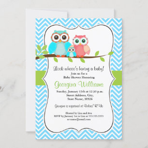 Invitación a Baby Shower de búho/verde azul