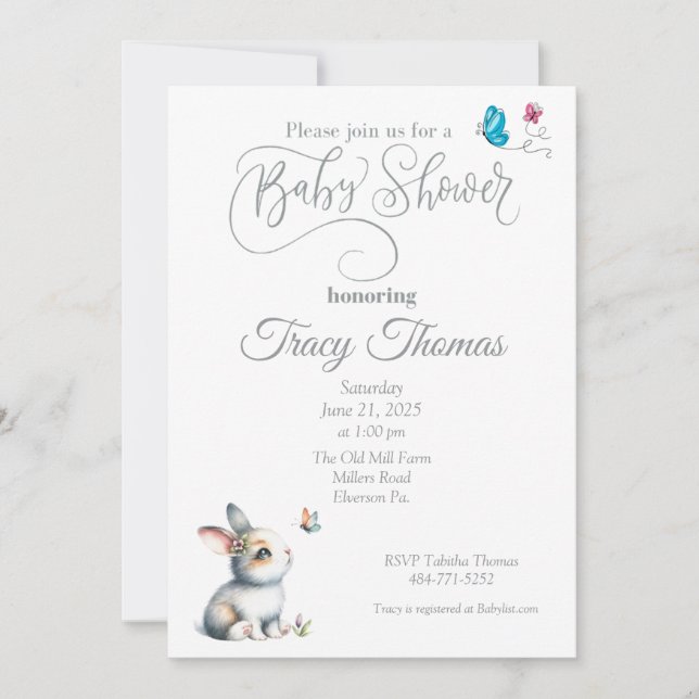 Invitación a Baby Shower de Bunny and Butterflies (Anverso)