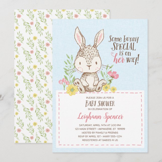 Invitación a Baby Shower de Bunny Spring (Anverso / Reverso)