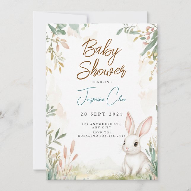 Invitación a Baby Shower de Bunny Woodland (Anverso)