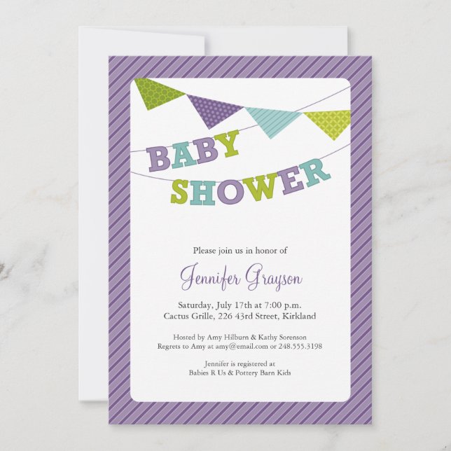 Invitación a Baby Shower de Bunting Baby en Púrpur (Anverso)