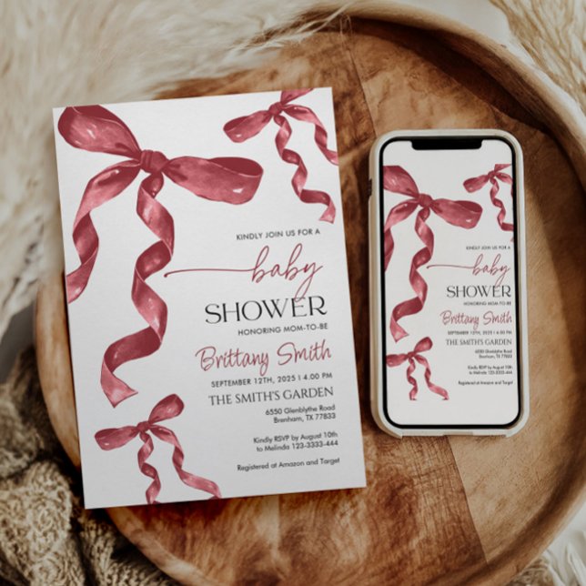 Invitación a Baby Shower de Burgundy Coquette Bow (Subido por el creador)