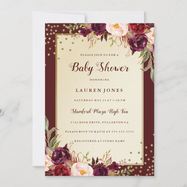 Invitación a Baby Shower de Burgundy Gold Floral S (Anverso)