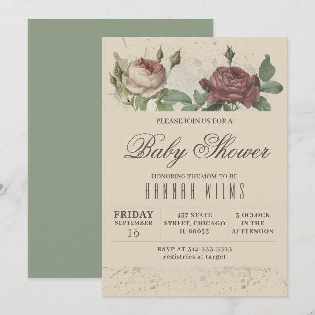 Invitación a Baby Shower de Burgundy Rubor Floral  (Anverso / Reverso)