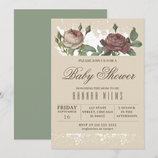 Invitación a Baby Shower de Burgundy Rubor Floral  (Anverso / Reverso)