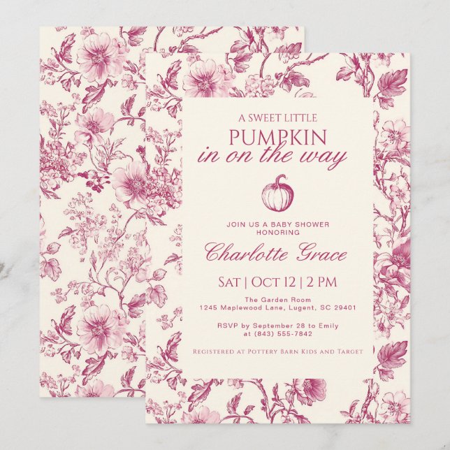 Invitación a Baby Shower de Burgundy Toile de Jouy (Anverso / Reverso)