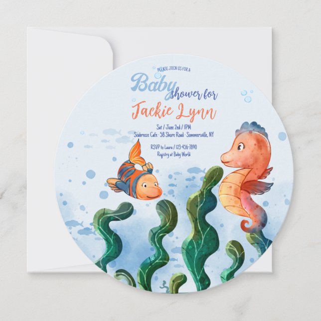 Invitación a Baby Shower de caballitos de mar pequ (Anverso)