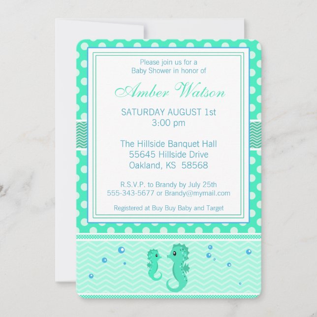 Invitación a Baby Shower de caballitos de mar verd (Anverso)
