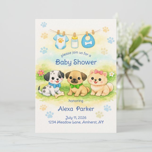 Invitación a baby shower de cachorros (Anverso de pie)