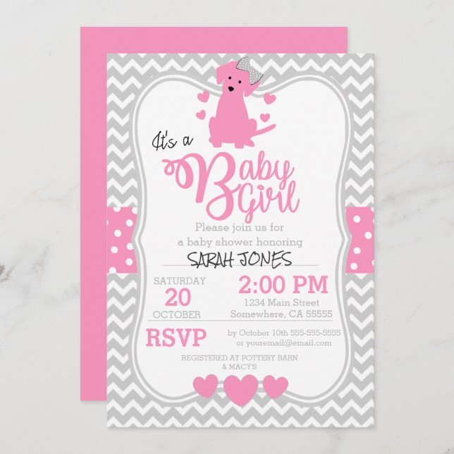 Invitación a Baby Shower de cachorros rosados (Anverso / Reverso)